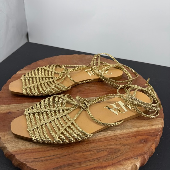 Zara Gold Gladiator Sandals braided straps sz 40 US 9.5 ankle tie - Picture 3 of 6
